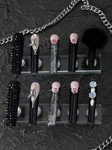 CrystalHola Conjunto de 10 unhas compridas em formato de caixão feitas à mão, unhas compridas, unhas rosa, ombré rosa, unhas com estampa de leopardo, cor de base olho de gato explosiva, detalhes em cristal, formato de coração, removíveis, adequadas para festas, dança, uso diário, festas de estudantes, cosplay para funcionários de escritório, postiças e reutilizáveis, com cola gelatinosa e lixa de unha, suprimentos para unhas, unhas de Halloween, unhas de Natal