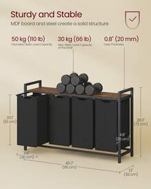 VASAGLE Laundry Hamper, Laundry Basket, Laundry Sorter With 4 Pull-Out And Removable Bags, Shelf, Metal Frame, 4 X 10.6 Gallons (40 L), 45.7 X 13 X 28.4 Inches - 墨黑色+鄉村棕 - 查看 2