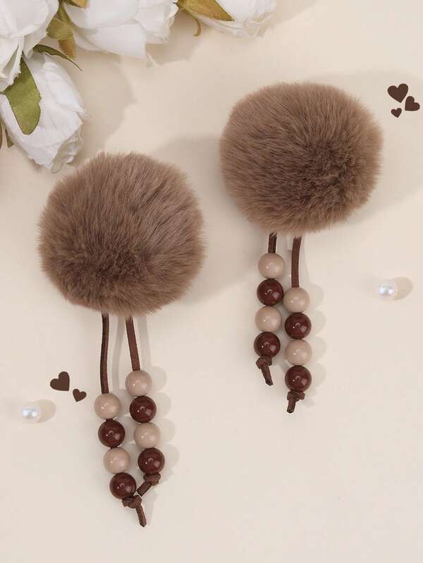 2 peças de grampos de cabelo fofos e marrons para meninas, lindos grampos de cabelo estilo pompom jacaré com borla de contas, adoráveis grampos de cabelo tipo bola de pluma para meninas, presilhas macias para uso diário, grampos de cabelo simples, acessórios de cabelo para crianças