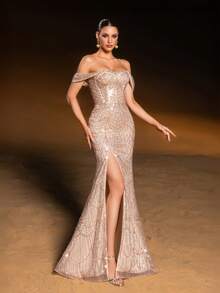 Faeriesty Vestido de noche elegante y glamoroso con un hombro, lentejuelas y abertura alta con bajo de sirena - Perfecto para galas, bodas, alfombra roja, banquetes formales y eventos de etiqueta negra para mujeres