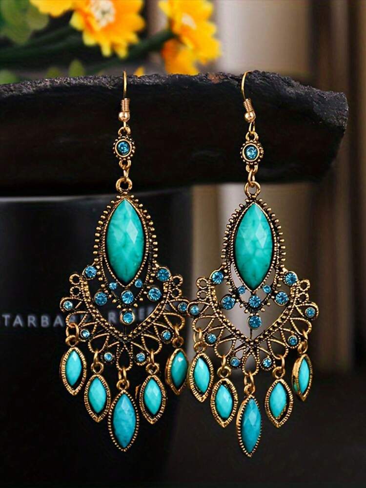 1 Pair Vintage Water Drop Dangle Earrings, Exaggerated Creative Earrings, Resort Style Jewelry, Long Earrings - Bohemia - View 9