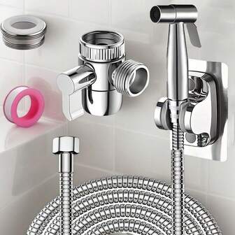 不锈钢坐浴盆淋浴套装，含坐浴盆马桶座、手持花洒、双功能淋浴分流器、1.5米淋浴软管和花洒支架