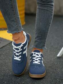 女士时尚新款春秋圆头户外休闲运动鞋，几何拼接条纹粉色运动鞋，舒适柔软休闲鞋，滑板鞋，白色运动鞋 - 藍色 - 查看 5