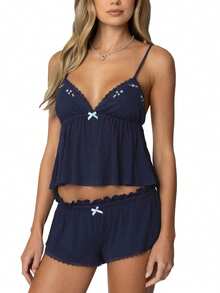 Women's Summer Pajamas Set Stylish Embroidery Lace Trim Camisole Tops With Shorts Lounge Wear 2 Pcs Set - 藏蓝色 - 查看 4