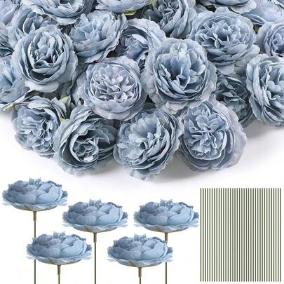 1/6/12/24/36 支人造牡丹花带茎，适用于婚礼派对装饰、蛋糕装饰、家居客厅餐桌装饰、仿真植物、秋季装饰、房间装饰、书桌装饰、花园装饰等。