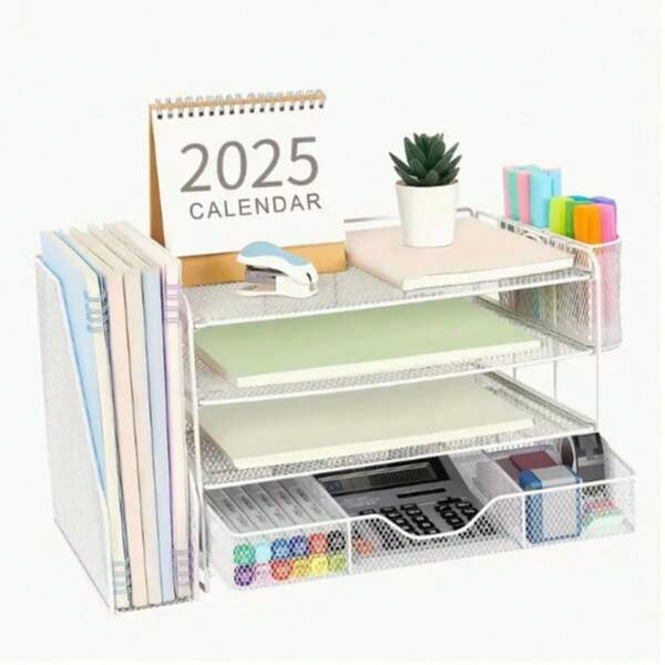 4-Tier Desk Organizer With Drawers And 2 Pen Holders For Office Supplies, Paper Letter Tray Organizer With Folders