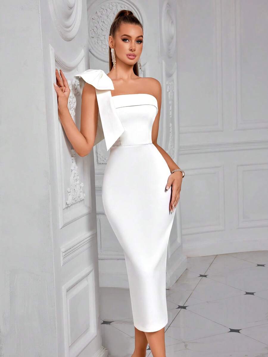 ADYCE Vestido de Coquetel Midi Elegante de Festa de Formatura com Decote Ombro Único, Laço, Fenda, Costas Abertas, Cor Sólida Branca, Vestido de Convidado de Casamento Semi-Formal, para Aniversário, Jantar, Formatura de Verão, Formatura, Vestido Branco de Ano Novo