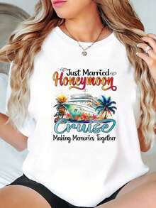 100% Cotton Honeymoon Cruise 2025 Just Married Matching Couples Vacation T-Shirt Printed T-Shirts For Women - trắng - Xem 1