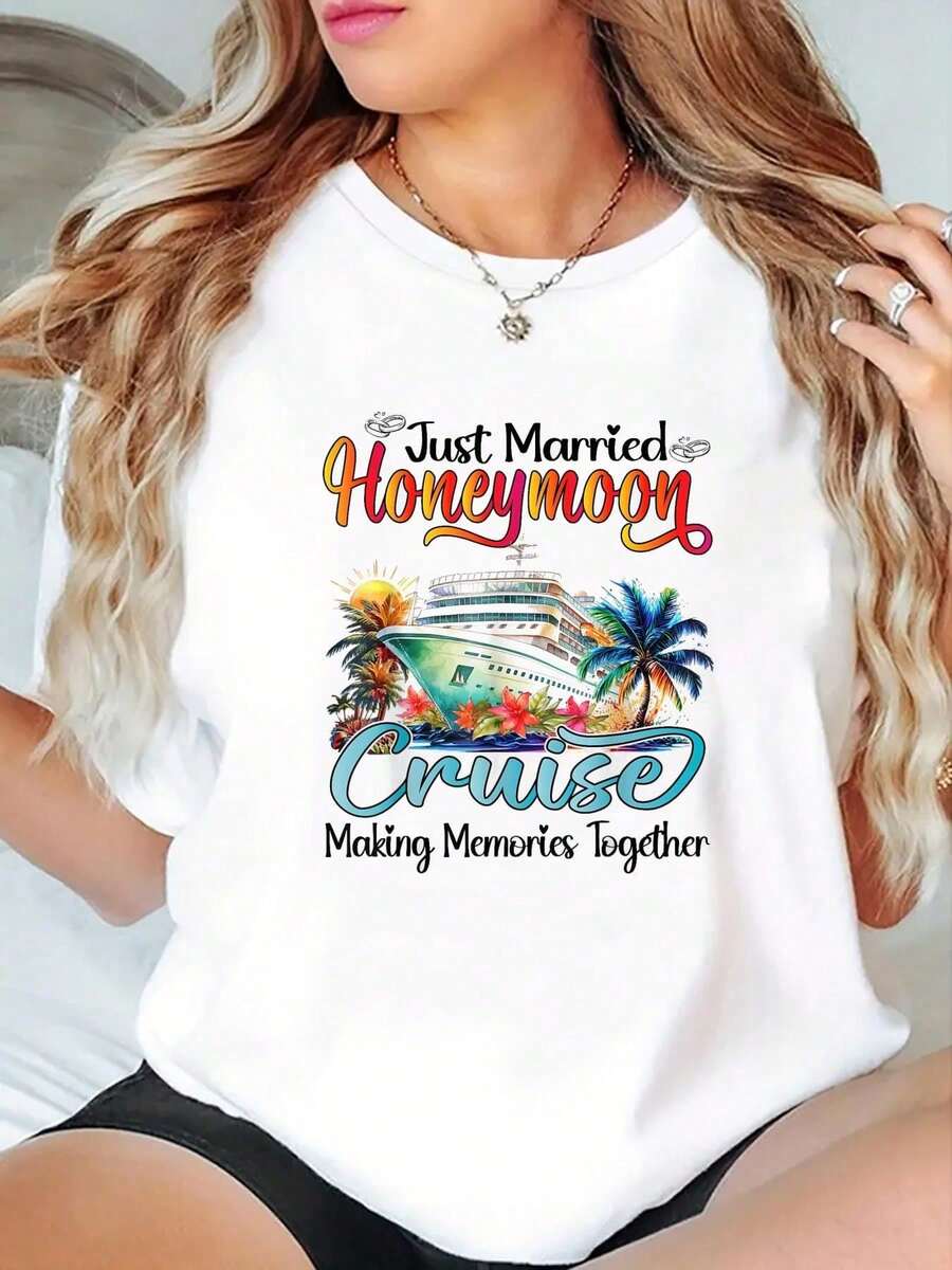 100% Cotton Honeymoon Cruise 2025 Just Married Matching Couples Vacation T-Shirt Printed T-Shirts For Women - trắng - Xem 1