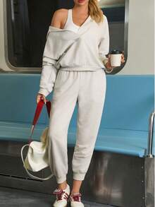 Fisoew Knitted Half-Zip Top + Elastic Cuff Joggers 2-Piece Set | Women's Casual Sportswear For Spring/Fall, Cotton-Like Breathable Fabric, Slim-Fit Yoga Outfit, Versatile Loungewear - Cozy Aesthetic, Streetwear Chic - 花灰色 - 查看 2