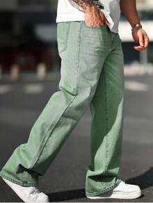 Men's High Waist Loose Jeans Baggy Straight Leg Denim Pants Trousers - 綠色 - 查看 5