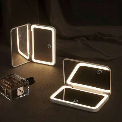 LED Lighted Makeup Mirror With Touch Screen, 3 Lighting Modes, Portable Stand, Foldable For Storage, Travel Vanity Mirror With Lights, Rechargeable Battery, Adjustable 3-Color Lighting, Travel Makeup Accessory, Birthday Gift For Mom And Friends