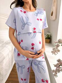 2 件孕妇和哺乳睡衣套装，蝴蝶结和水果印花短袖上衣和裤子