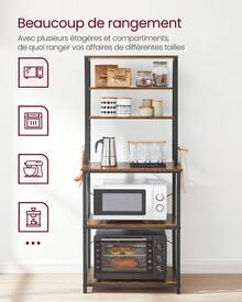 VASAGLE Étagère de Cuisine, Étagère pour Machine à Café, 6 Étagères, 6 Crochets, pour Four à Micro-ondes, Cadre en Acier, Style Industriel, 40 x 60 x 167 cm, Marron Rustique et Noir d'Encre - Marron rustique, noir - Voir 4