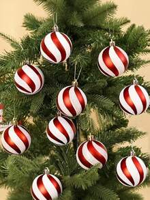 6 Stück Weihnachts-Kugeln mit rot-weißen Streifen, Kunststoff-Ornamente mit glitzerndem S-förmigem Streifendesign, langanhaltend und geeignet für Weihnachtsbaum-Dekorationen, Weihnachtsparty-Dekorationen, Hochzeitsdekoration, Geburtstagsparty-Dekoration, Innen- und Außenbereich, Gartendekoration, Fensterdekorationen, Weihnachtsdekorations-Zubehör