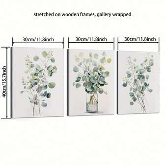 3pcs Wooden Framed Eucalyptus Print Wall Art - Waterproof Canvas Botanical Watercolor Art, Modern Classic Art Deco Style Green Botanical Paintings For Indoor/Outdoor Home Decor, Bedroom, Living Room, Office, Bathroom, Dining Room - Spring Summer Wall Decor, Forest Decor