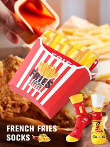 1 Pair Novelty French Fry Box Design Crew Socks, 2025 Autumn/Winter New Unisex Long Socks, Creative Food Inspired Design, Soft & Comfortable, Perfect Gift For Back To School, Birthday, Thanksgiving, Halloween, Christmas, Carnival, Valentine's Day, Family Gathering, Party, Fashionable & Casual Everyday Wear, Fall
