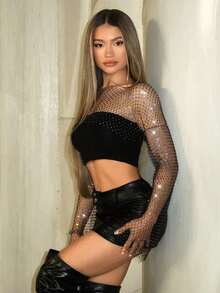 1 pieza Cubre-todo de mujer con hombros descubiertos, de manga larga, corto y con diseño de red transparente con strass, de estilo callejero sexy y lindo - Multicolor - Ver 4