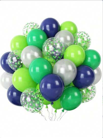 51/26pcs Green Balloon Set, Navy Blue Matte, Light Green Pearl, Silver Latex Balloons With Confetti, Suitable For Birthday, Gaming, Jungle Theme Party Decoration
