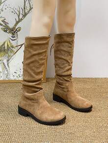 女式新款复古系带绒面高筒靴，秋冬粗跟马靴，褶皱休闲中筒靴，黑色