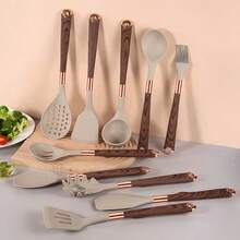 12件套硅胶木纹不粘锅具套装，耐热涂层金木柄烹饪用具，家庭晚餐用品，派对用品 - 彩色 - 查看 2