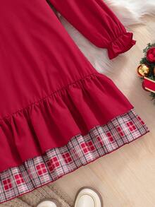1 pieza Vestido de Navidad a cuadros de manga larga con cuello Peter Pan, estilo dulce y lindo para niñas, con volantes en el bajo, de corte holgado y casual