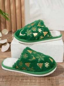 Fall/Winter Christmas Holiday Couple Indoor Plush Warm Slippers,Fluffy Slippers,New Year Outfits - Green - View 5