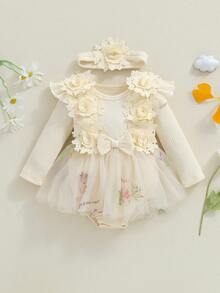 Conjunto de vestido y pelele para niña recién nacida, cuello redondo, manga larga, estampado floral, encaje, tutú, mono con diadema - Caqui - Ver 1