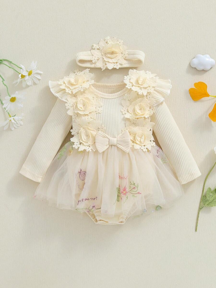 Conjunto de vestido y pelele para niña recién nacida, cuello redondo, manga larga, estampado floral, encaje, tutú, mono con diadema - Caqui - Ver 1