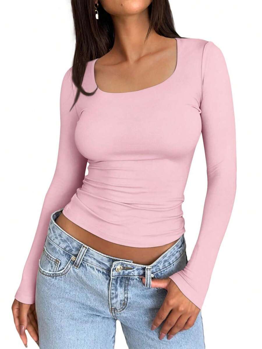 GEREARC Women's  Scoop Neck Long Sleeve T Shirts Slim Fit Going Out Tops Basic Tee Fall And Winter Tops - Hồng - Xem 1