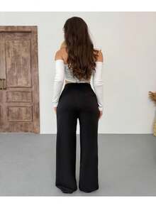 Women's White Lycra Palazzo Loose Wide Leg Trousers - Black - View 4