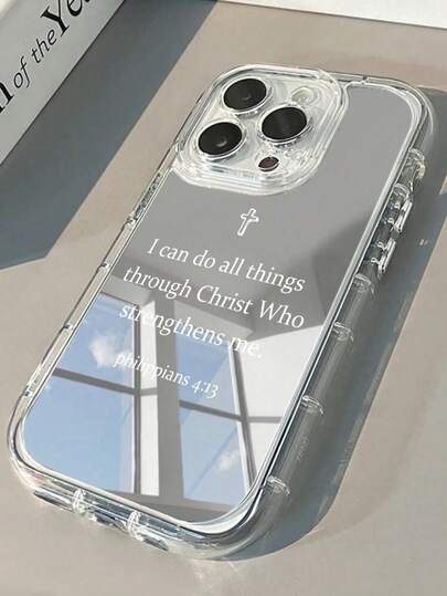 1pc Transparent Glue Makeup Mirror Painted Cross & Slogan Pattern Phone Case Compatible With IPhone 7/7Plus/8/8Plus/X/XR/XSMax/11/11Pro/11ProMax/12/12Pro/12ProMax/13/13Pro/13ProMax/14/14Pro/14Plus/14ProMax/15/15Pro/15Plus/15ProMax/16/16Pro/16Plus/16ProMax