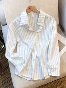 Women's Long Sleeve Striped Shirt, Pointed Collar Design, Button Front, Lightweight Versatile Top, Suitable For All Seasons, Slim Fit, Premium Fabric, Fashionable