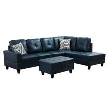 Luxury Peacock Blue Semi-PU Leather 3-Piece Sofa Set With Storage Ottoman - Premium Synthetic Leather Sectional Couch With Solid Wood Frame |[2 Options] Choose Full Set (With 2 Pillows)  Or Ottoman Only - 墨綠色 - 查看 3