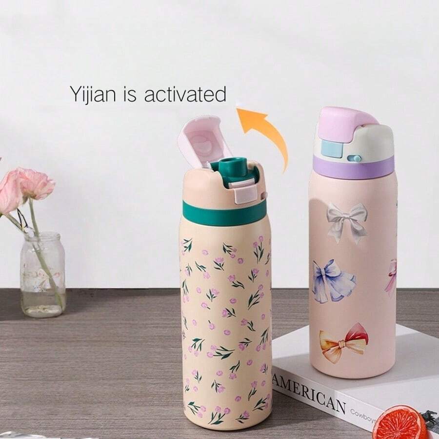 New Fashionable Outdoor Sports Water Bottle, Large Capacity 304 Stainless Steel Portable Handled Tumbler With Straw