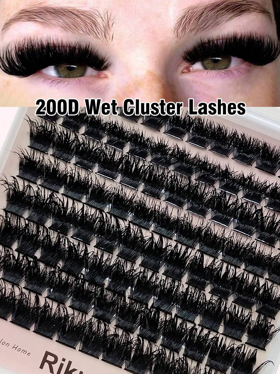 Rikuaild 96pcs D Curl Wet Lashes, 200D Natural Fluffy Eyelash Extensions, 10-16mm Mixed Length, DIY Eyelash Extension, Fluffy & Lightweight Natural Look, Suitable For Party, Music Festival, Reusable Individual Lashes, Makeup - D - 查看 1