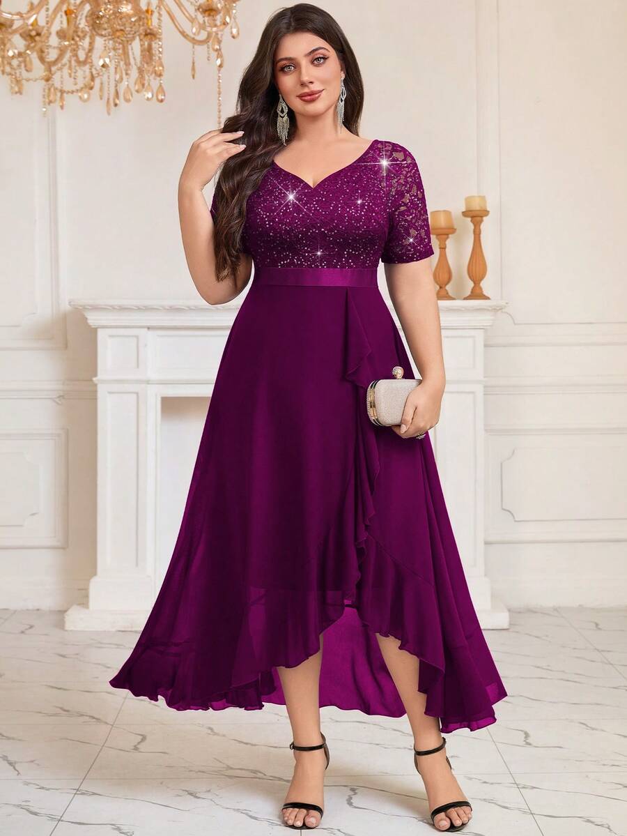 Plus V-Neck Sequin Floral Lace Contrast Chiffon Ruffle High Low Hem Formal Party Dress Wedding Guest Dress, Elegant Prom, For Graduation, Dinner - Maroon - View 1