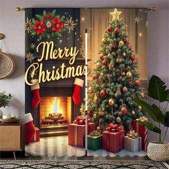 2pcs High Definition Digital Printed Christmas Santa Pattern Curtain With Red Holly And Pinecone Elements, Home Decor Style For Living Room, Bedroom, Rod Pocket, Curtain Fabric Material Weight 90-100 Christmas Decorations Room Decor Christmas Decorations Home