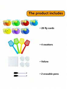 hoojojo 28Pcs DIY Blank Cards, 7 Colors, Fly Cards, 4 Fly Swatters, Word Cards, Vocabulary Cards, Erasable Cards, Fly Swatter Cognitive Game, Classroom, Home, Back To School, Party, Teaching Tools, Halloween Gifts