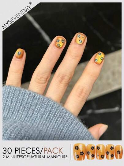 30 Peças de Unhas Postiças Quadradas/Curtas com Estampa Floral Preta, Delineador Laranja, Placa de Unhas Postiças/Encantos de Unhas Adequados para Reuniões, Festivais, Halloween e Uso Diário, Acompanha 1 Peça de Cola de Gelatina e 1 Tira de Lixa, Suprimentos de Unhas