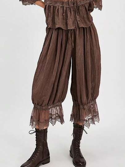 Women Lace Trim Long Bloomers Y2k Elastic Mid Rise Ruffle Victorian Pantaloons Cropped Flared Slips Pants Pumpkin Pants