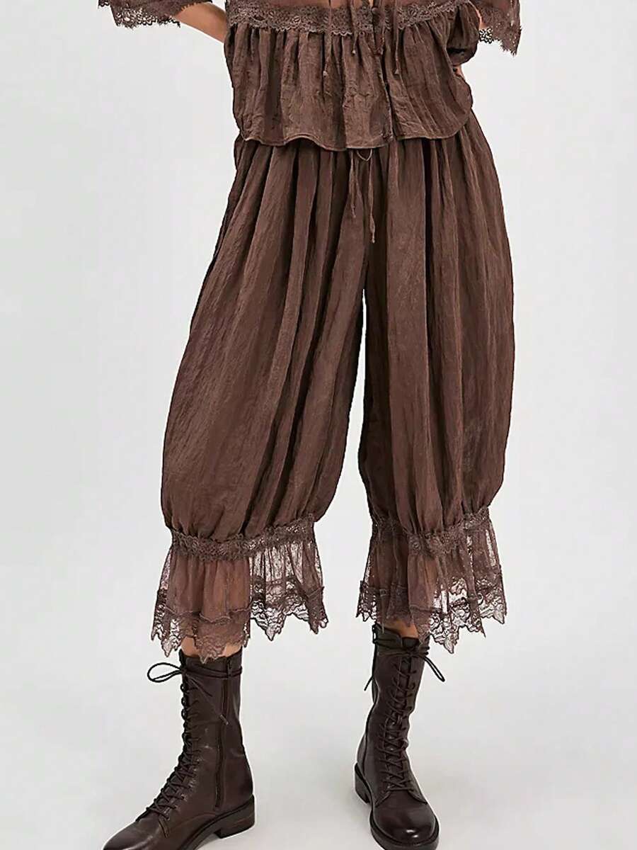 Women Lace Trim Long Bloomers Y2k Elastic Mid Rise Ruffle Victorian Pantaloons Cropped Flared Slips Pants Pumpkin Pants - Brown - View 1