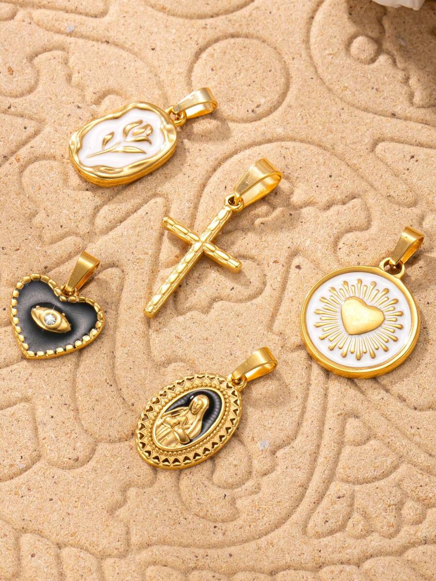 1 pezzo Ciondolo placcato in oro 18K in acciaio inossidabile, con design della Vergine Maria, croce, occhio del diavolo, tulipano bianco, per realizzare collane e orecchini, adatto per uso quotidiano, idea regalo