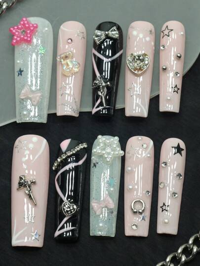 CrystalHola 10pcs/Set Handmade Long Coffin-Shaped Nails ,Long Nails,Pink Nails, Pink Ombre, Leopard Print Nails, Explosive Cat Eye Base Color, Crystal Accent, Heart Shape,Detachable, Suitable For Party, Dance, Daily Wear, Student Party, Office Worker Cosplay, Press-On And Reusable, With Jelly Glue And Nail File Nail Supplies Halloween Nail Christmas Nail