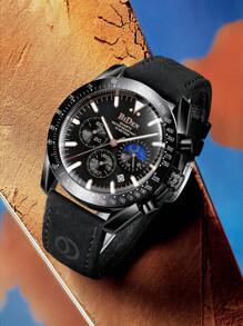 BIDEN 男士腕表，休闲运动计时表，带夜光、日期显示，男士商务石英表。防水，真皮表带 - 均碼 - 查看 5