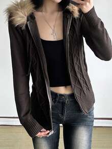 Y2K街头风毛绒连帽针织拉链卫衣，长袖，韩版时尚，女款，秋冬 - 棕色 - 查看 4