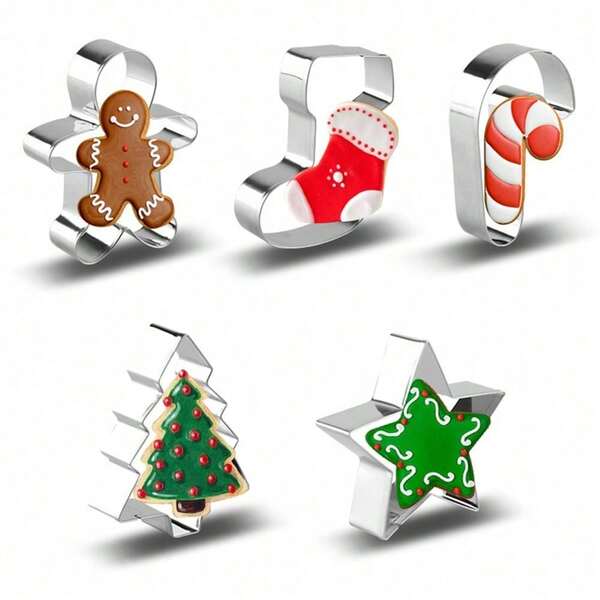 5pcs Stainless Steel Christmas Cookie Cutters - Suitable For Holiday Baking: Gingerbread Man, Christmas Stocking, Candy Cane, Christmas Tree, Star, Pentagram Shapes