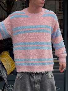 Suéter holgado de manga larga a rayas con contraste de color, de punto, informal, unisex, adecuado para primavera, otoño e invierno