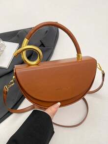 Niche Artificial Leather Design Women's Handbag, Fashionable Retro Textured Crossbody Bag, Solid Color Multifunctional Underarm Saddle Bag - Brown - View 8