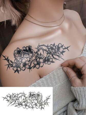 1张大号人体彩绘临时纹身贴纸，男女通用，黑色荆棘花图案，防水，可持续2-5天，可遮盖疤痕，可用于手臂、手腕、肩膀、腿部、腰部、颈部、手部、胸部、大腿、手指等部位，适合派对、送礼、度假等场合。